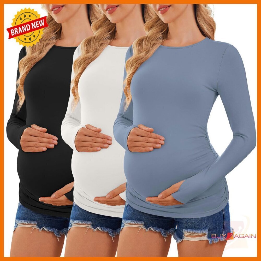 Long Sleeve Maternity Tops 3 Pack Side Ruched Thumbhole Workout Casual
